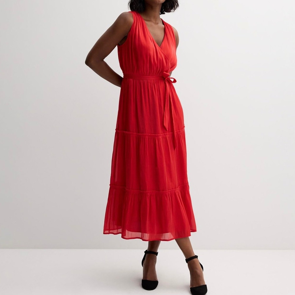 Draper James Size XL Maxi Dress Red Sleeveless Tiered Surplice Shimmer Midi Belt